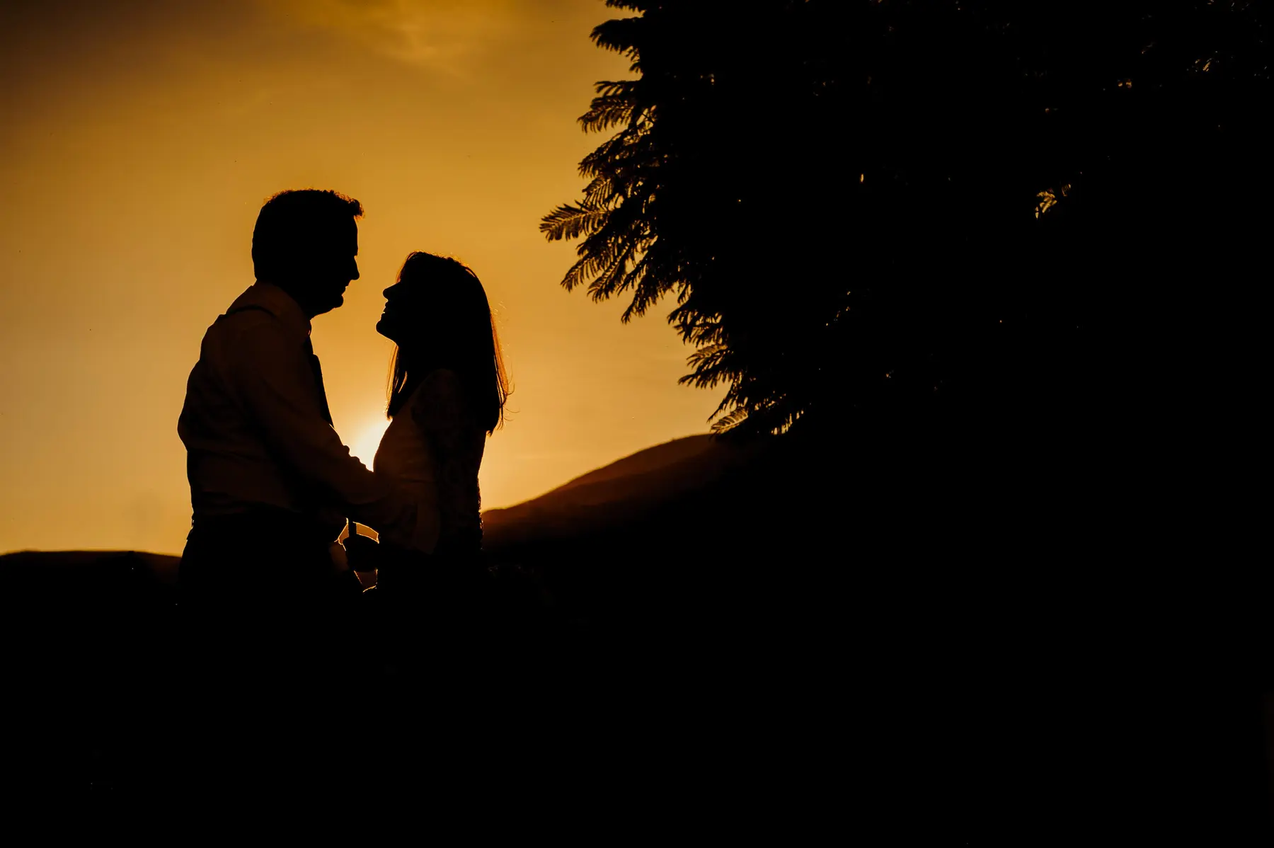 Pareja en silueta ante un cielo dorado