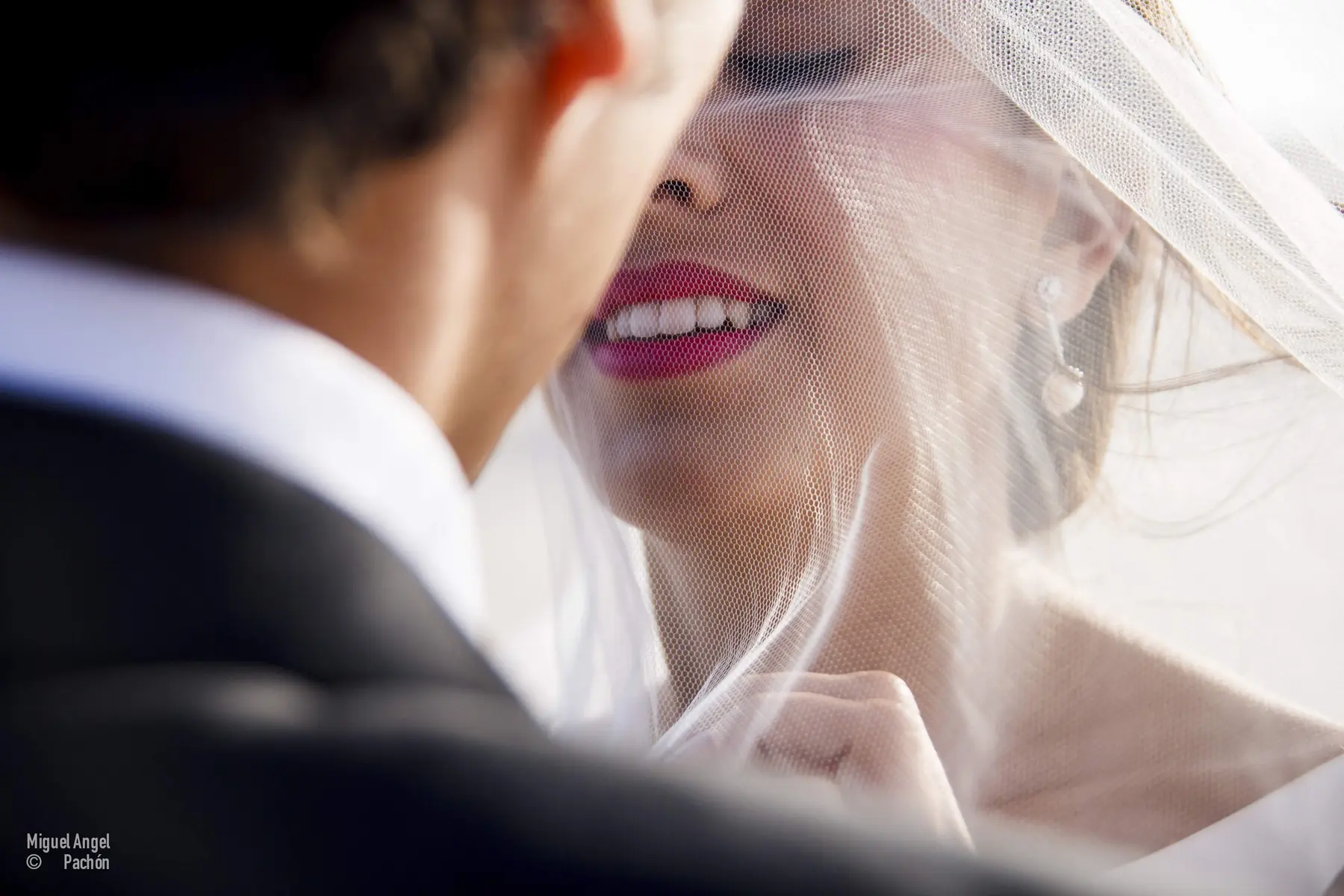 Sonrisa de la novia bajo el velo junto al novio