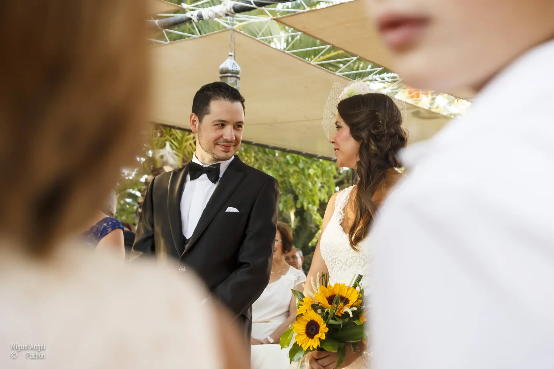 Novios sonrientes enmarcados entre sus invitados