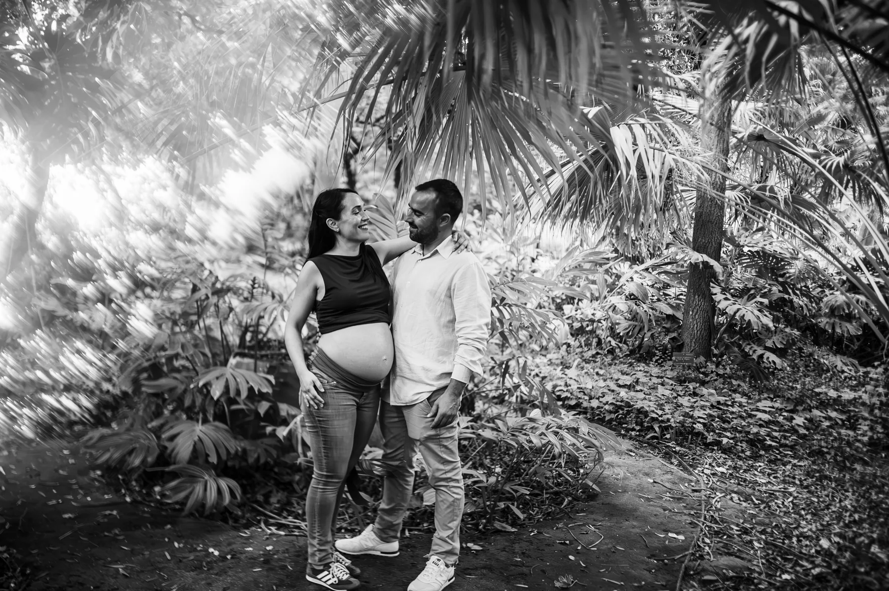 Pareja embarazada bajo palmeras a contraluz en blanco y negro