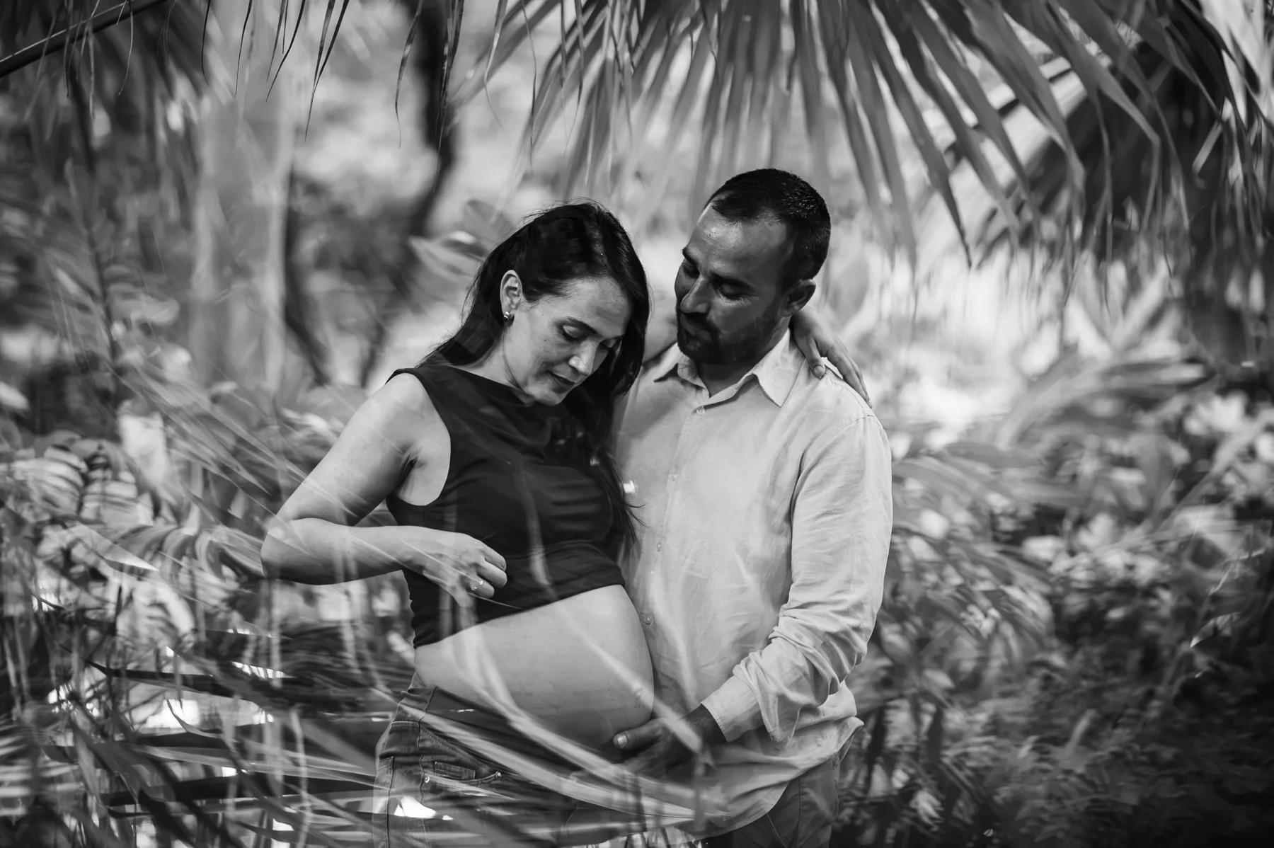 Manos sobre el vientre entre palmeras en blanco y negro